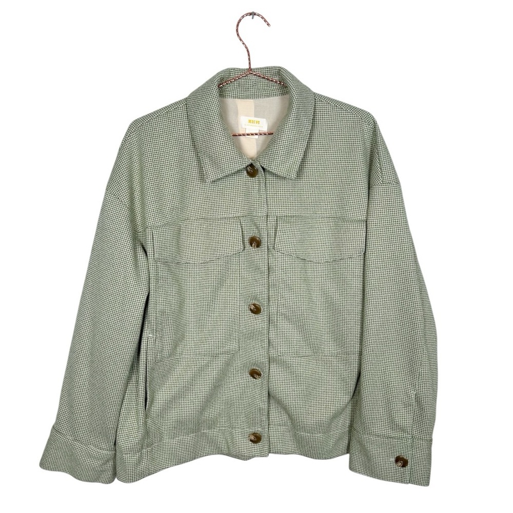 Anthropologie Maeve Houndstooth Green Knit Oversized Trucker Jacket - Picture 2 of 8